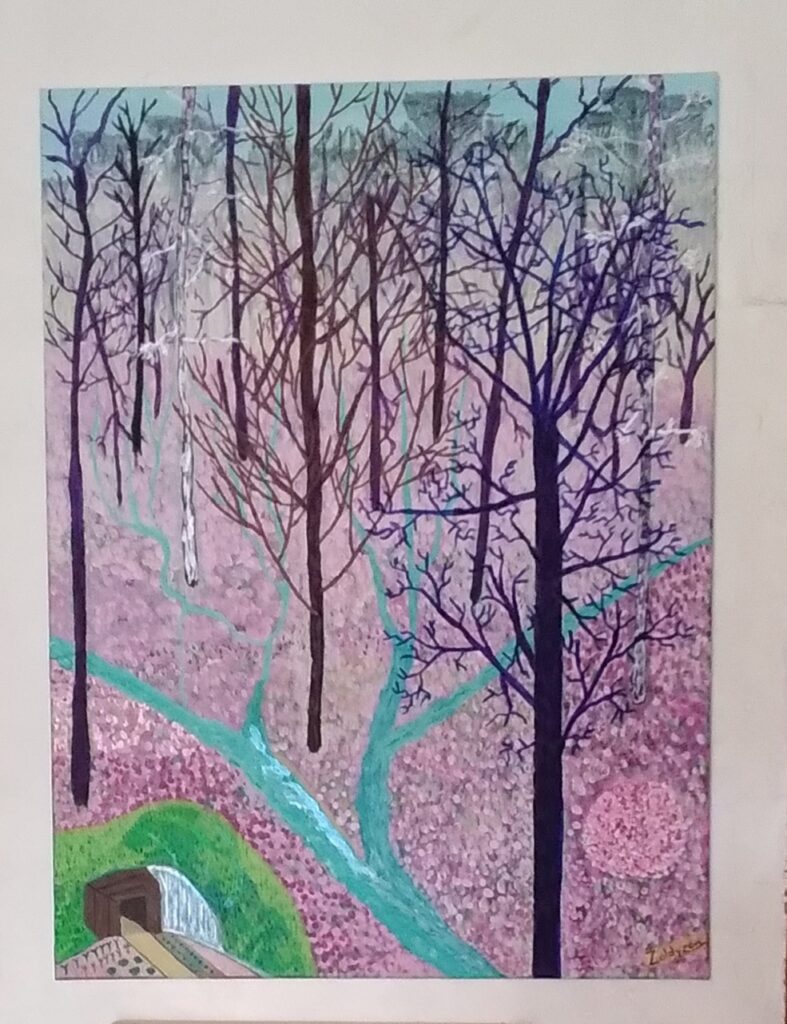 peinture d'une forêt fantasy brumeuse au soleil levant