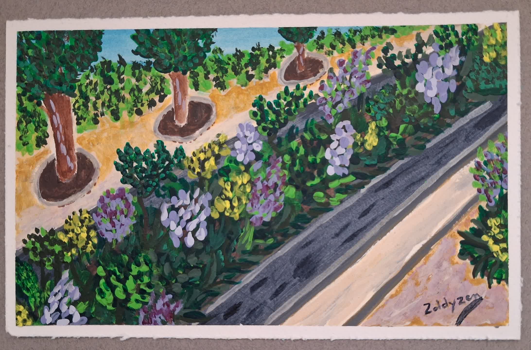 Peinture "Canicule", acrylique sur papier 15 x 24 cm : route déserte bordée de fleurs