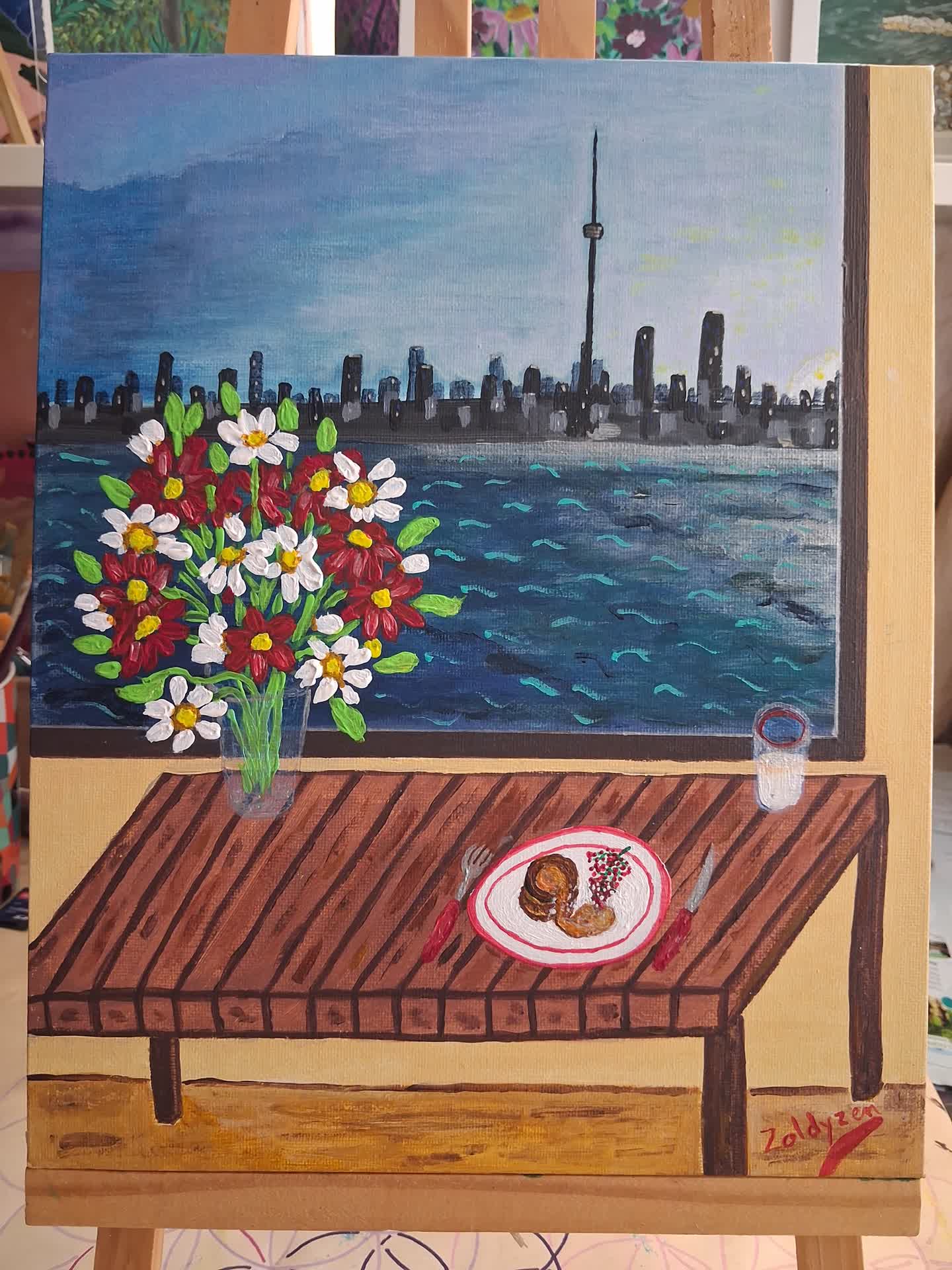 peinture acrylique montrant un petit déjeuner devant une magnifique vue sur Toronto