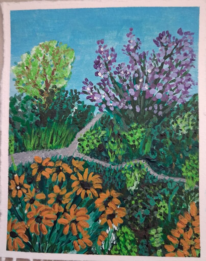 Mariage arrangé : peinture acrylique représentant un parc avec des fleurs jaunes et mauves