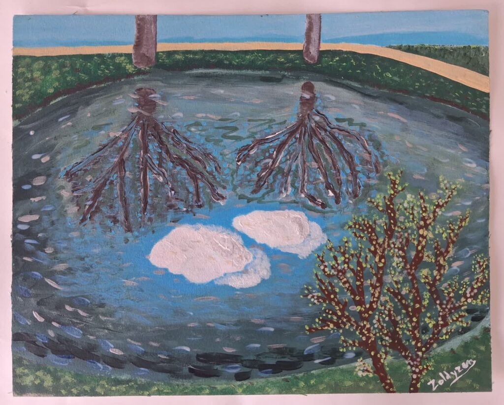 Peinture acrylique d'un ciel se reflétant dans lac bordé d'arbres