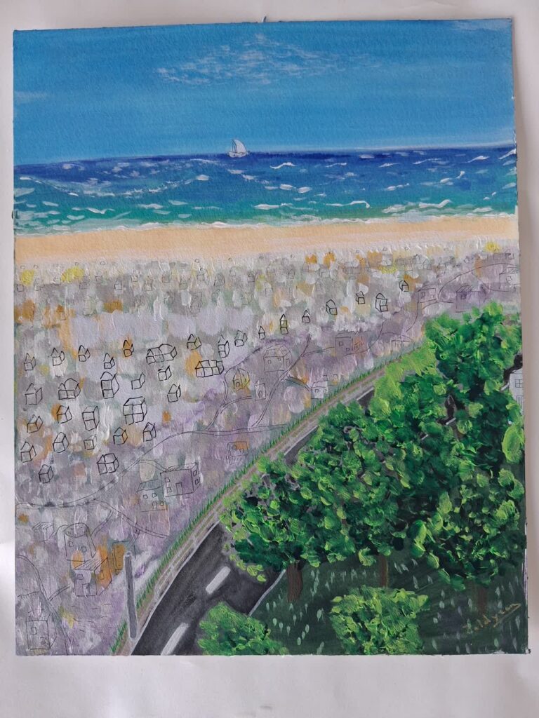 Peinture acrylique d'une ville au bord de la mer