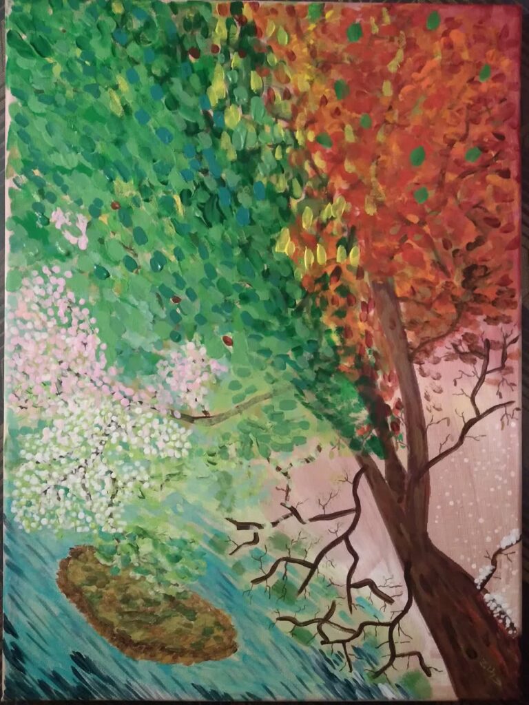 Lâarbre du temps : peinture dâun arbre traversant simultanĂ©ment les 4 saisons
