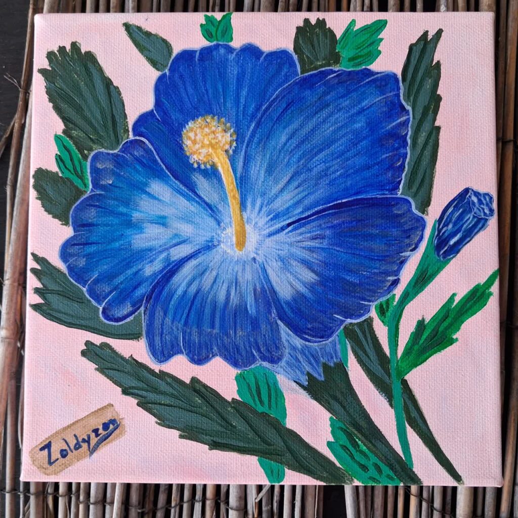 Peinture d'une fleur bleue sur fond rose