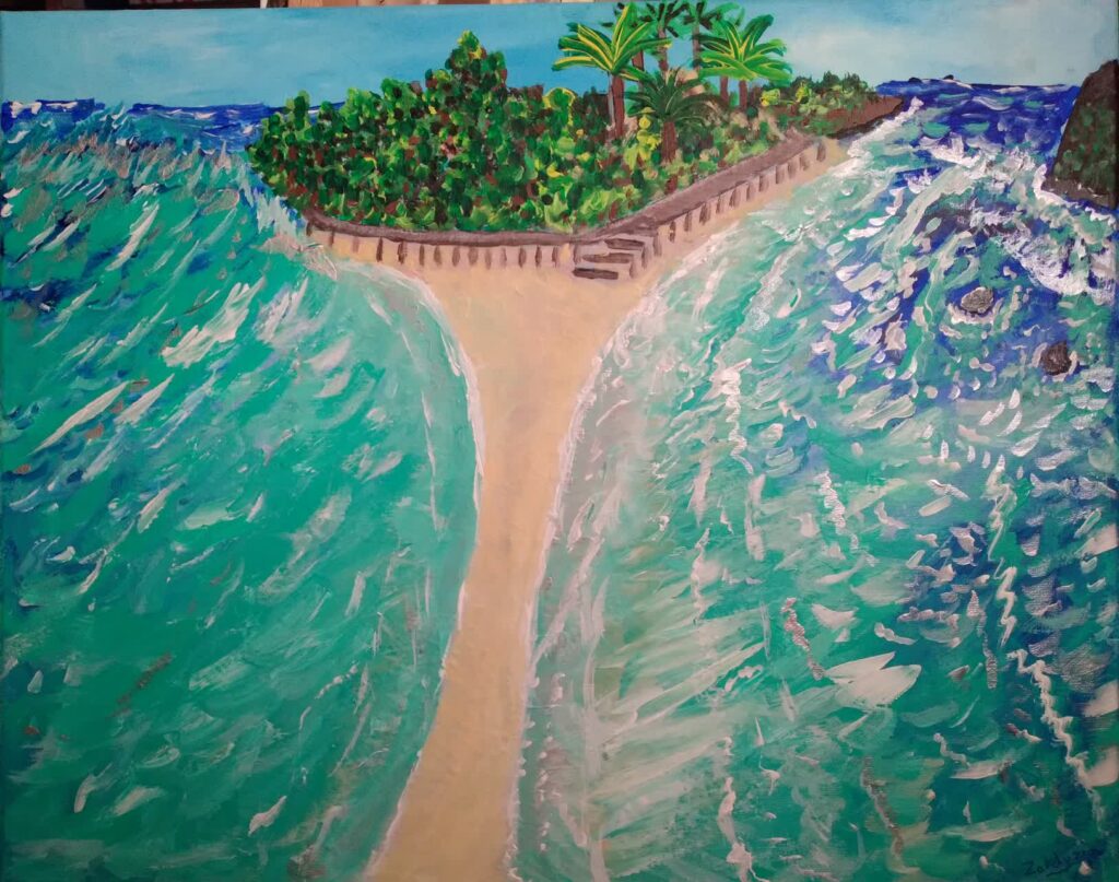 Peinture acrylique stylisée du tombolo en Martinique : Gratitude