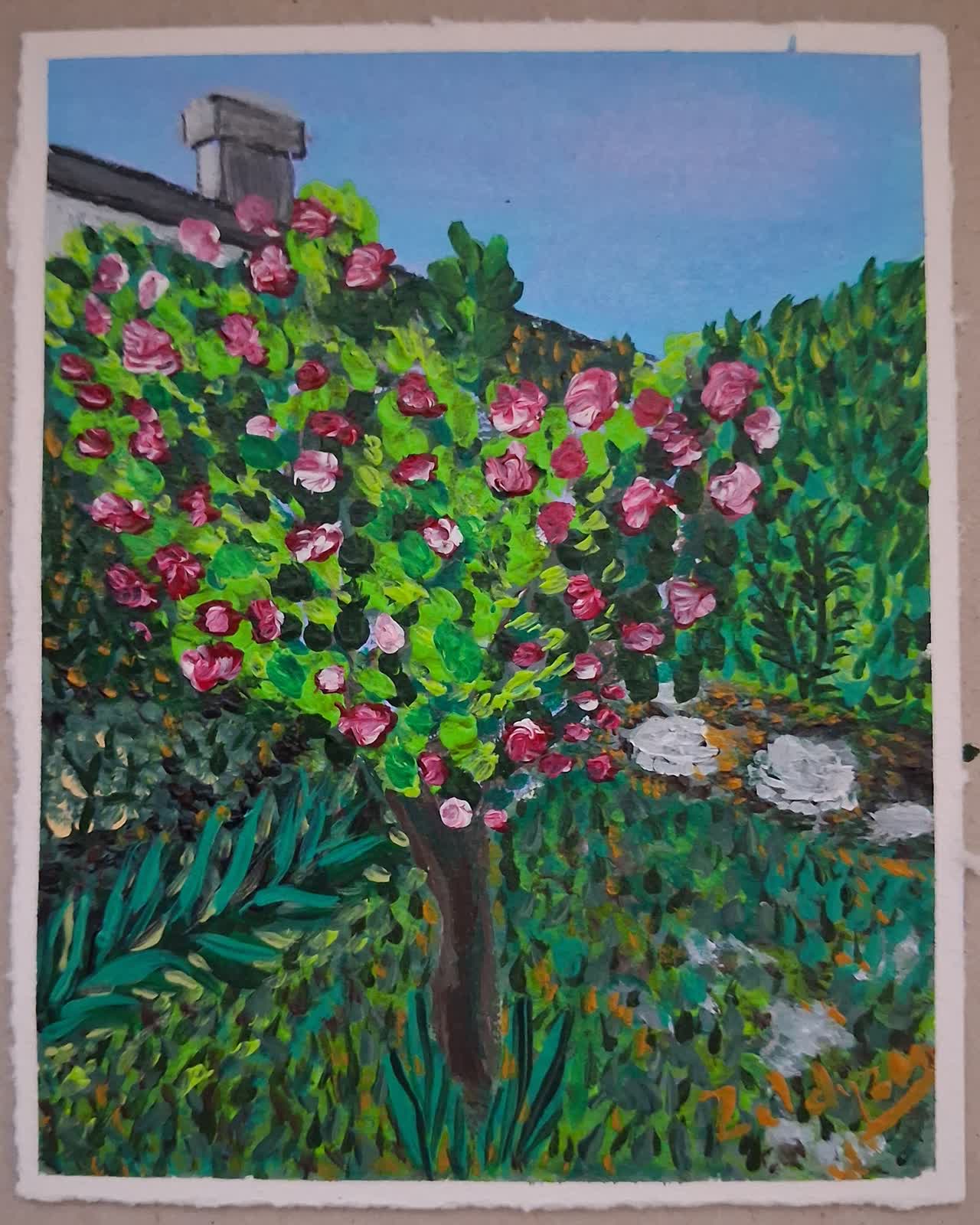 Peinture acrylique d'un jardin paisible avec au centre un arbre aux fleurs roses