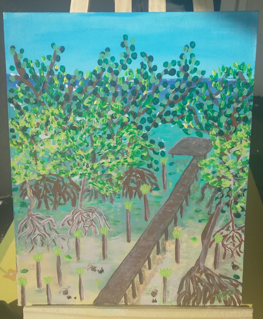 Peinture sur papier d'une mangrove traversée par un ponton : plongeon dans l'inconnu