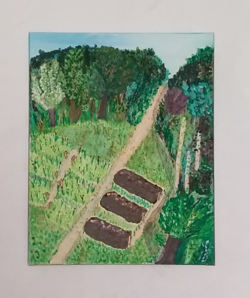 Peinture d'une clairière traversée par un chemin bordé de tombes, certaines recouvertes de coquelicots
