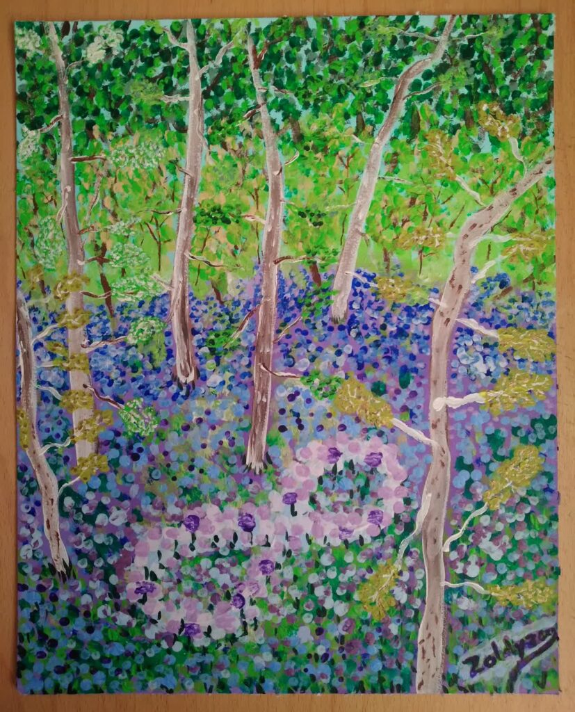 Peinture sur papier d'une forêt avec un tapis de fleurs violettes formant le signe "infini"